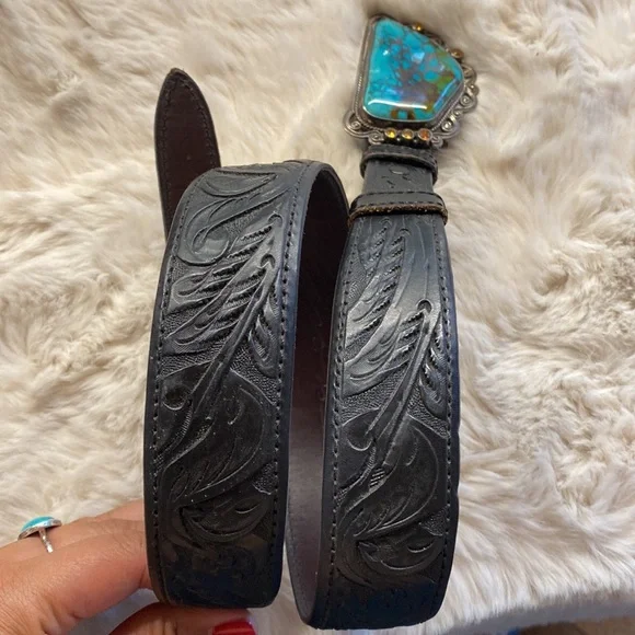 Signed Mona Van Riper Turquoise & Sterling Silver Belt Buckle & Leath… - Picture 14 of 17